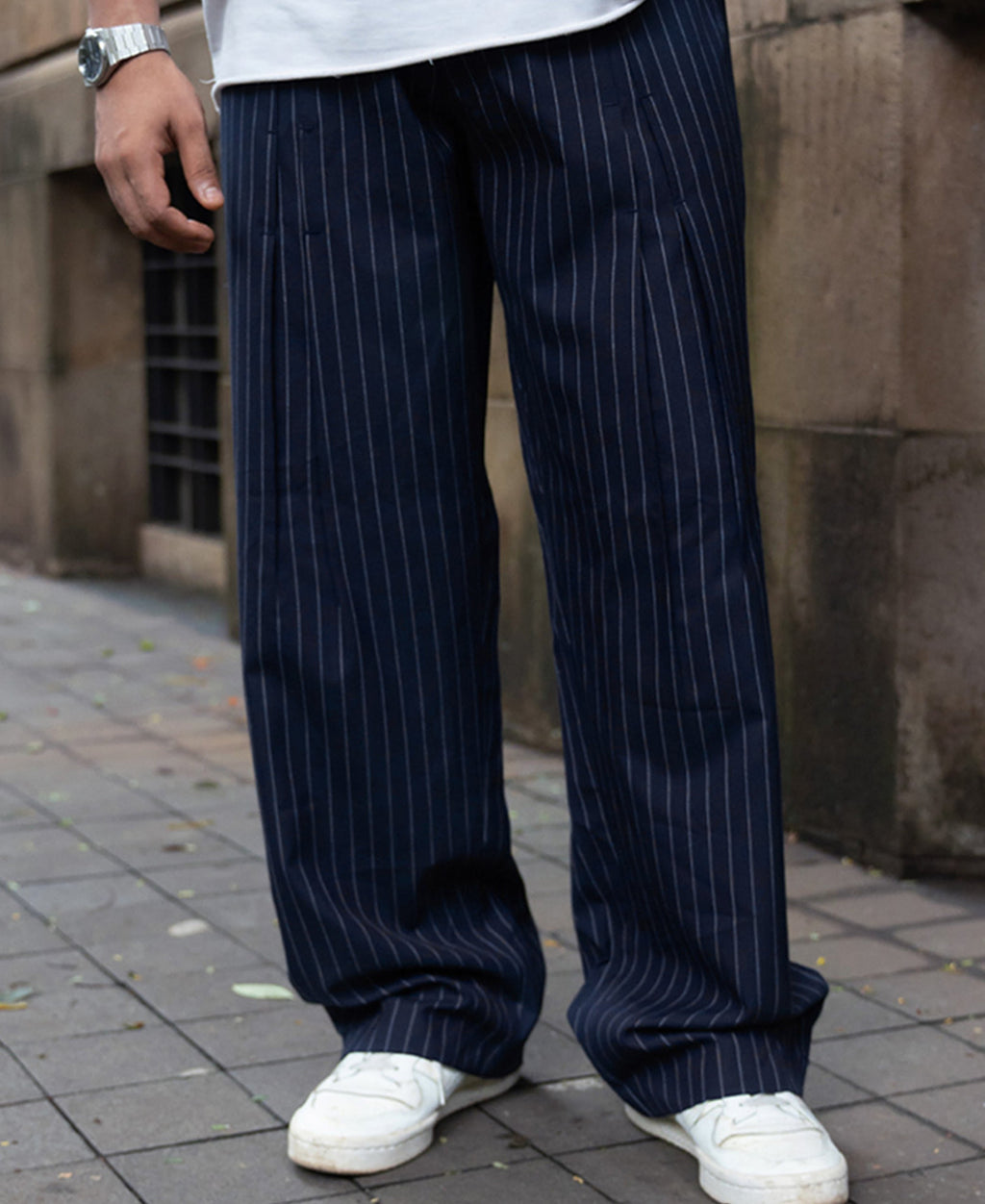 Navy Striped Pleated Trousers