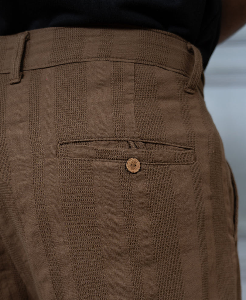 Brown Structured Pleated Cotton Trousers