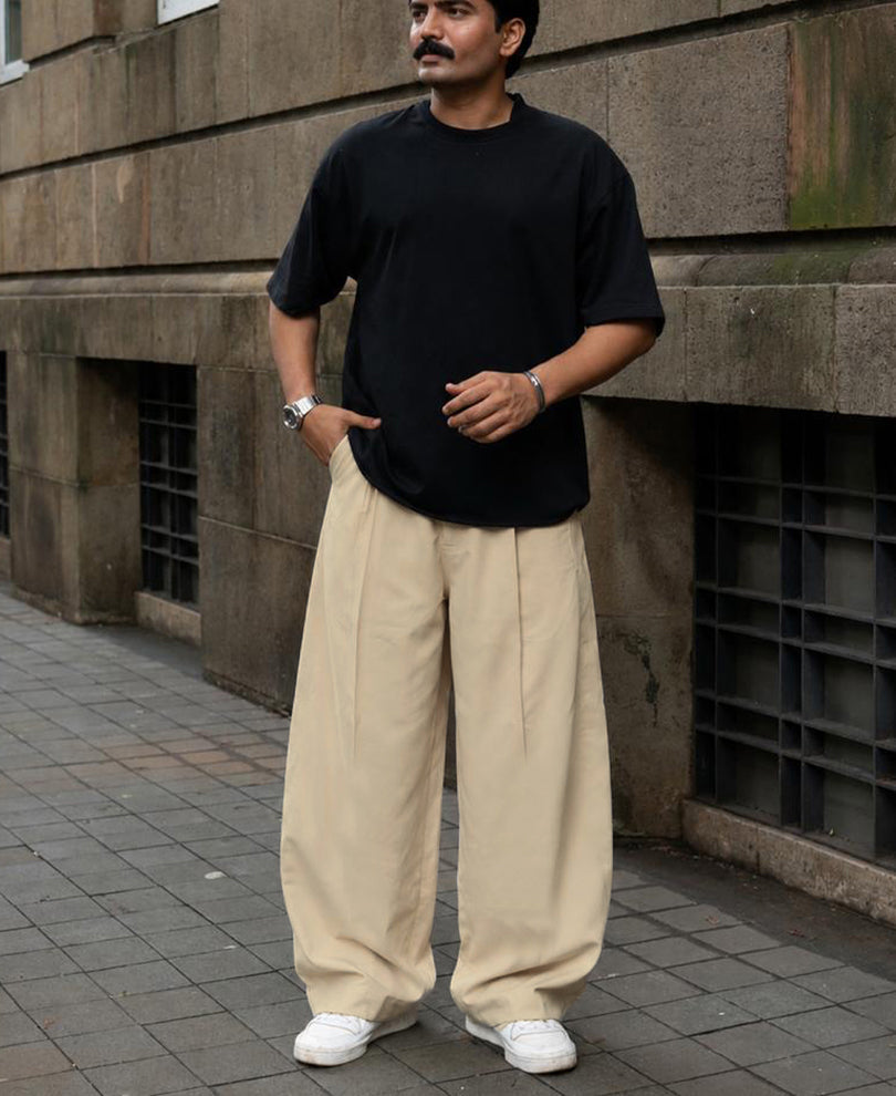 Beige Pleated Barrel Fit Trousers