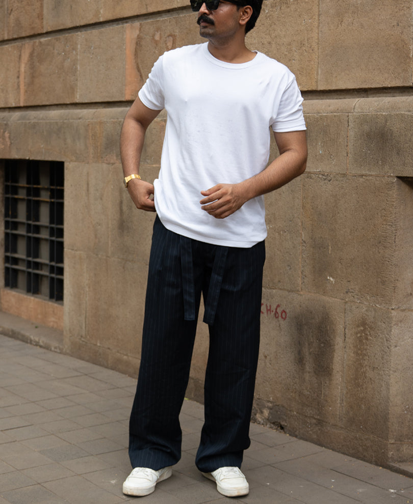Navy Striped Pleated Trousers