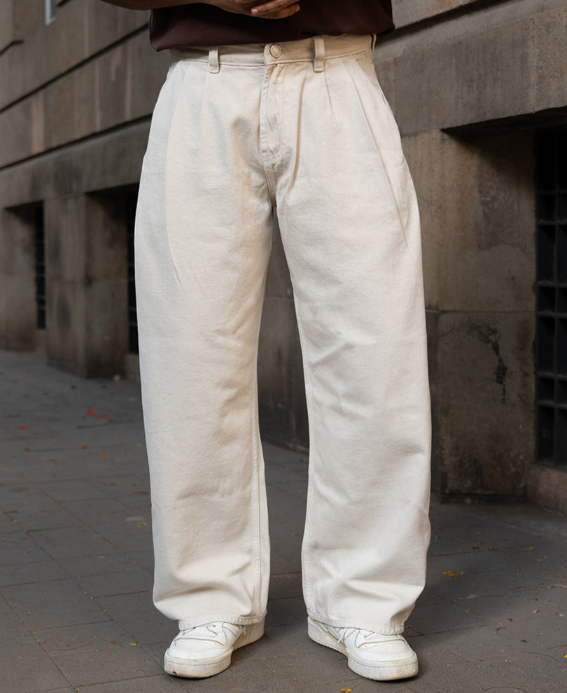 Beige Pleated Barrel Fit Jeans