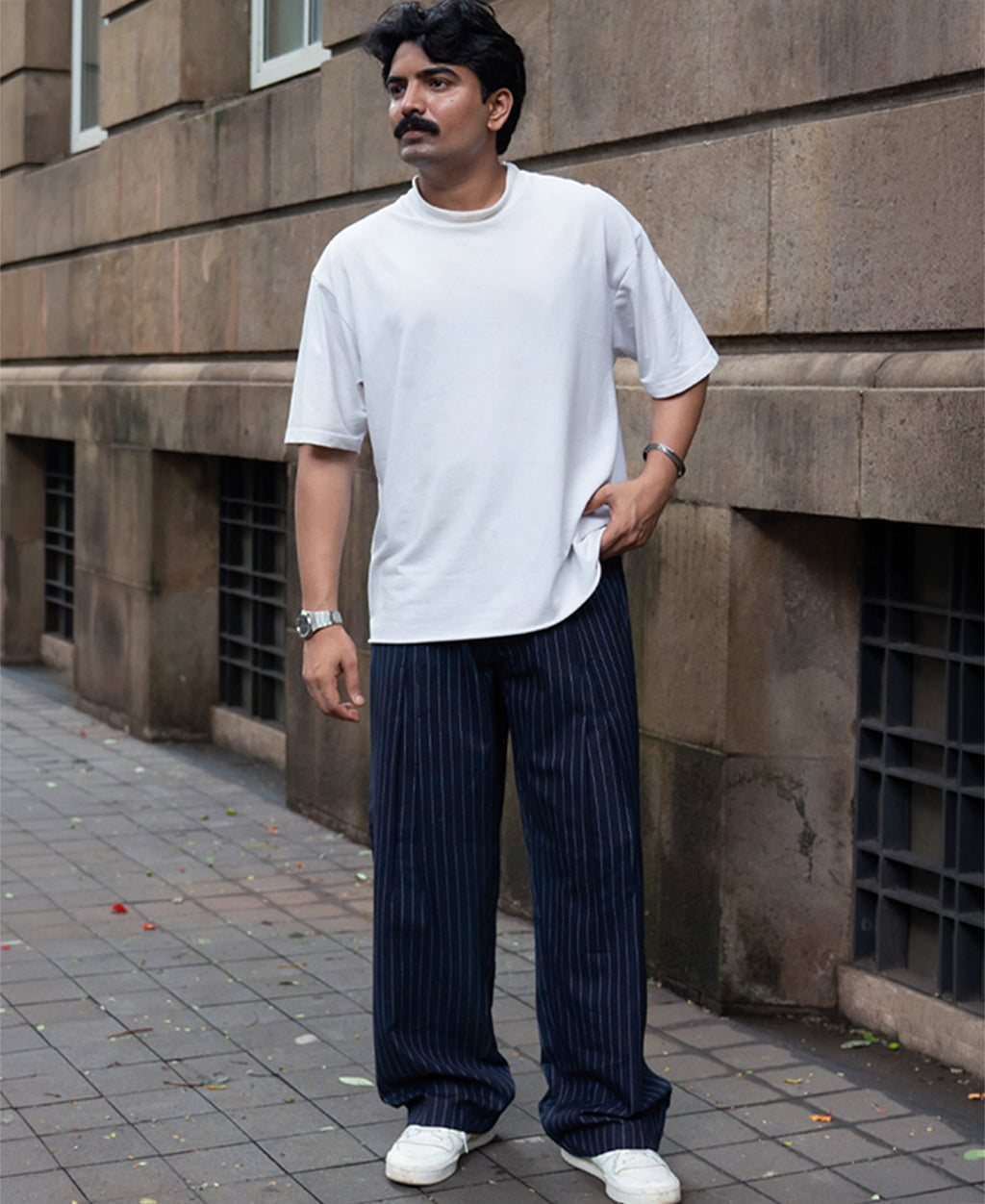 Navy Striped Pleated Trousers
