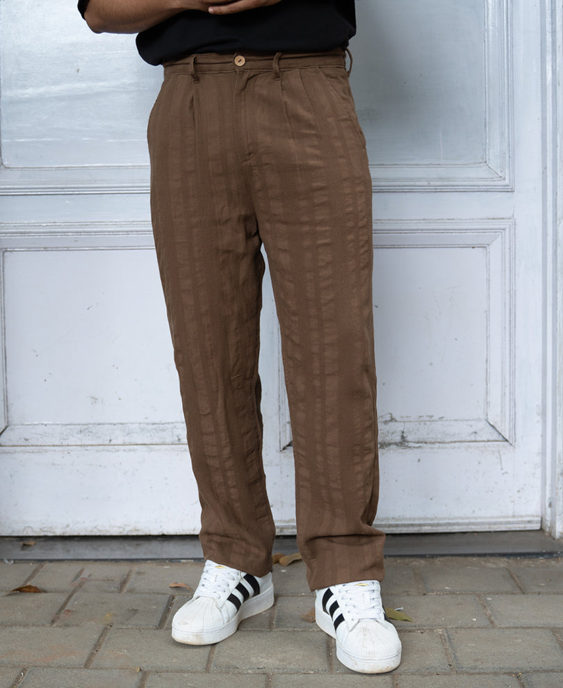 Brown Structured Pleated Cotton Trousers