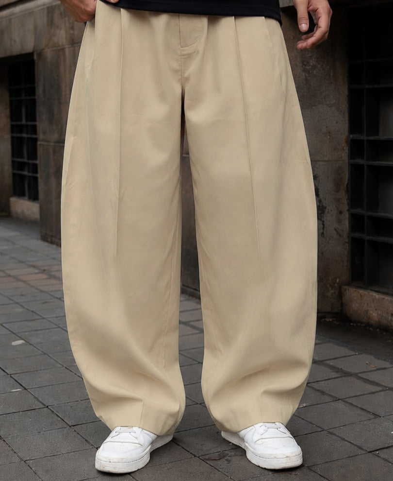 Beige Pleated Barrel Fit Trousers