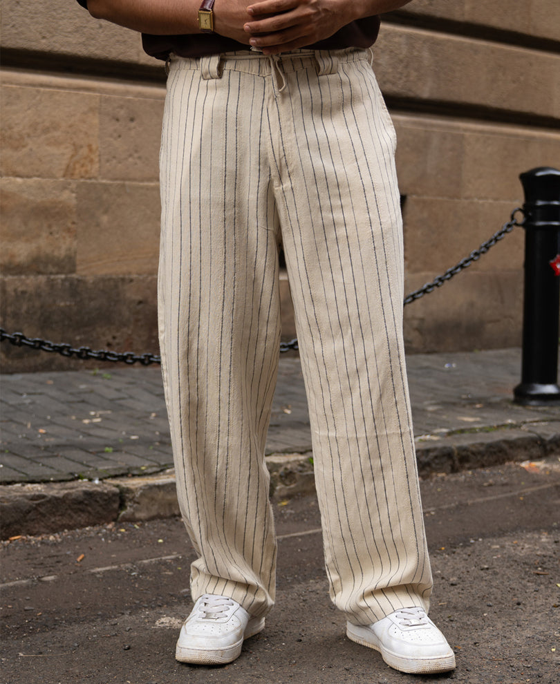 Cream Striped Linen Trouser