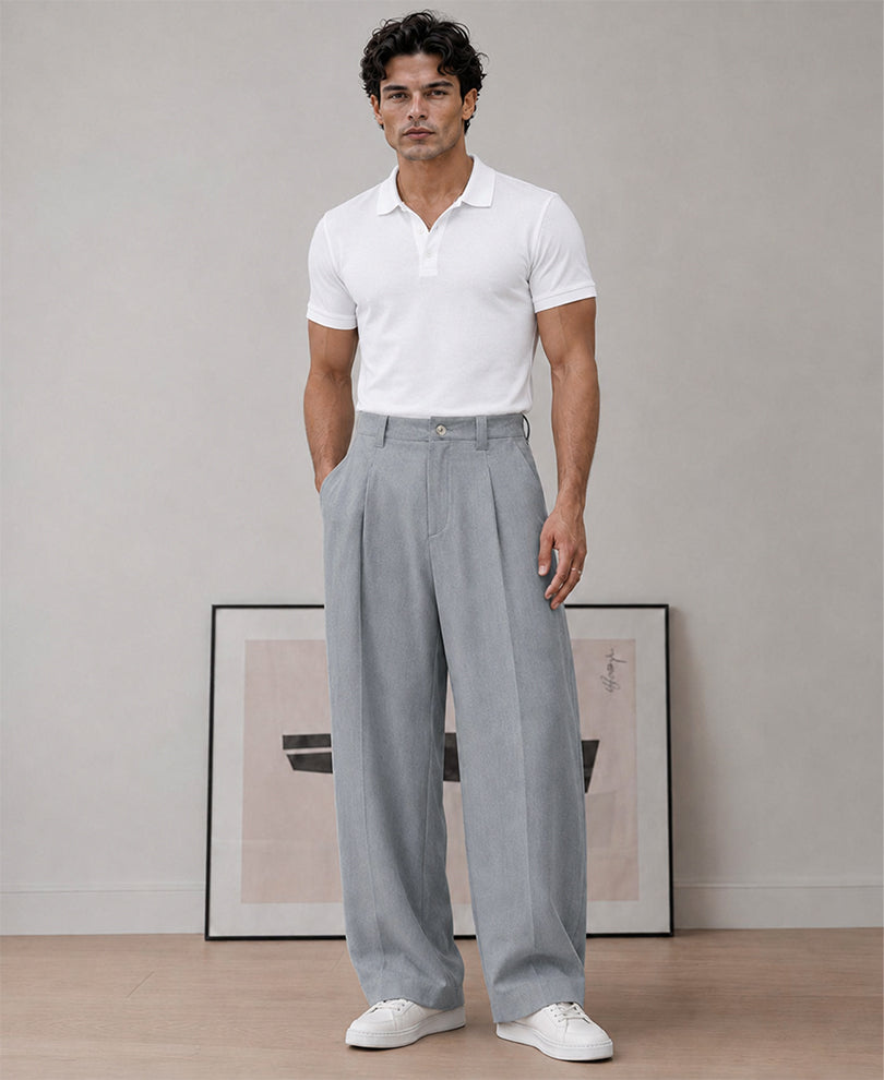 Grey Pleated Barrel Fit Trousers