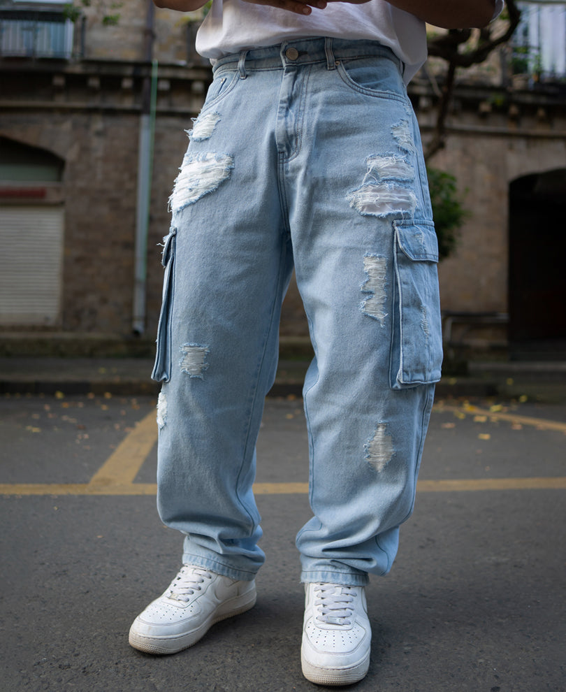 Ice Blue Baggy Fit Distressed Cargo Jeans