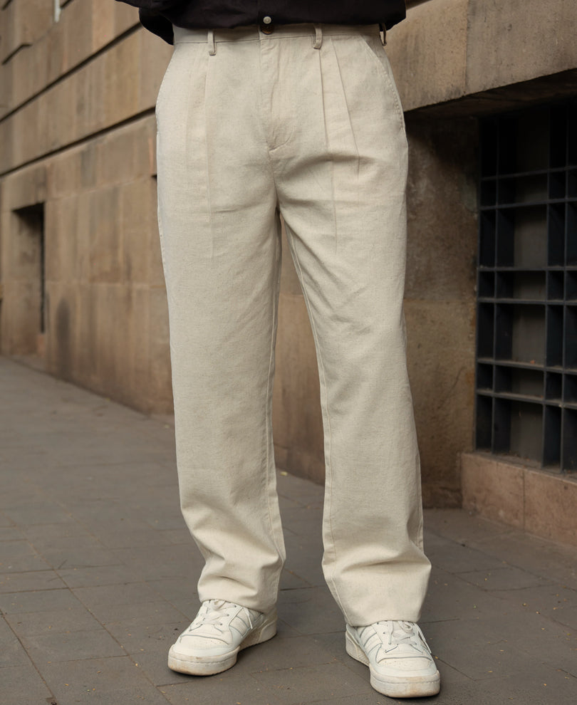 Natural Linen Blend Pleated Trousers