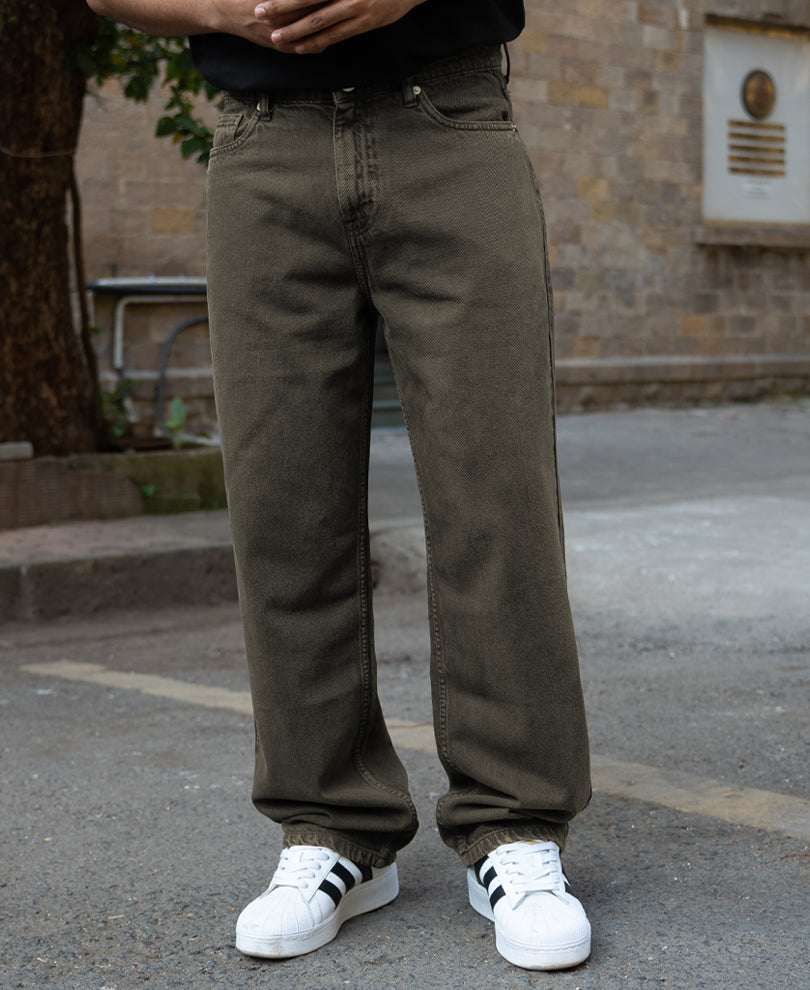 Dark Olive Washed Baggy Jeans