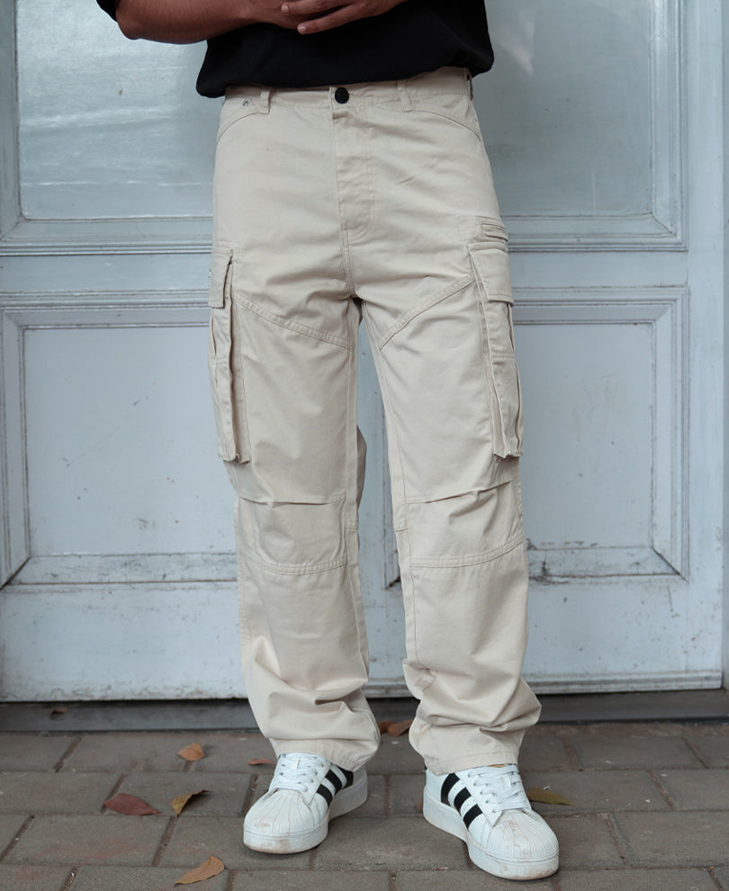 Beige Overdyed Cotton Cargo Pants
