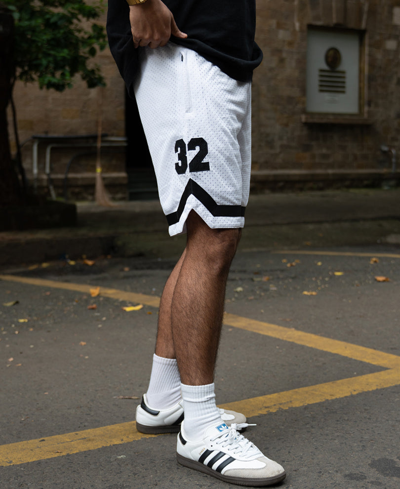 White Embroidered Mesh Basketball Shorts