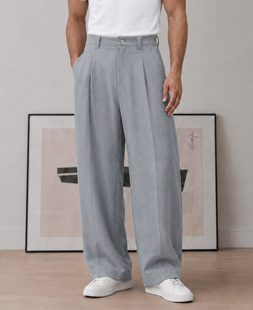 Grey Pleated Barrel Fit Trousers