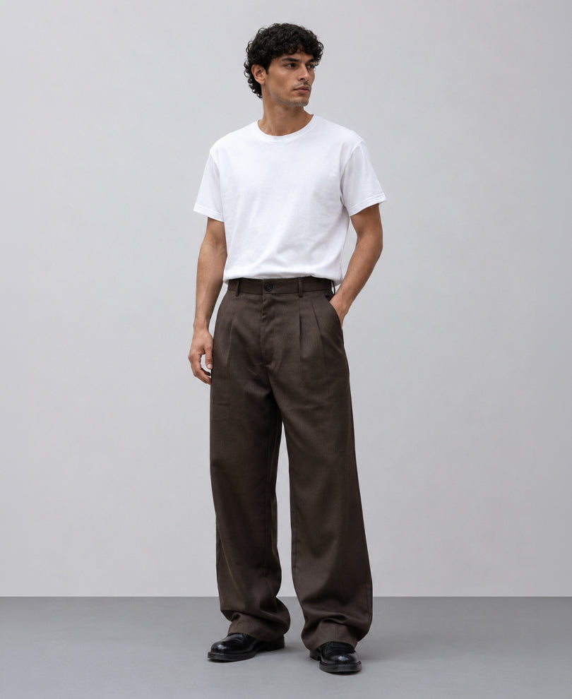 Brown Pleated Baggy Trousers