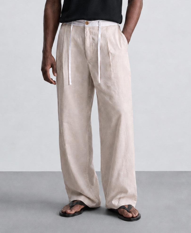 Beige Contrast Belt Linen Trouser