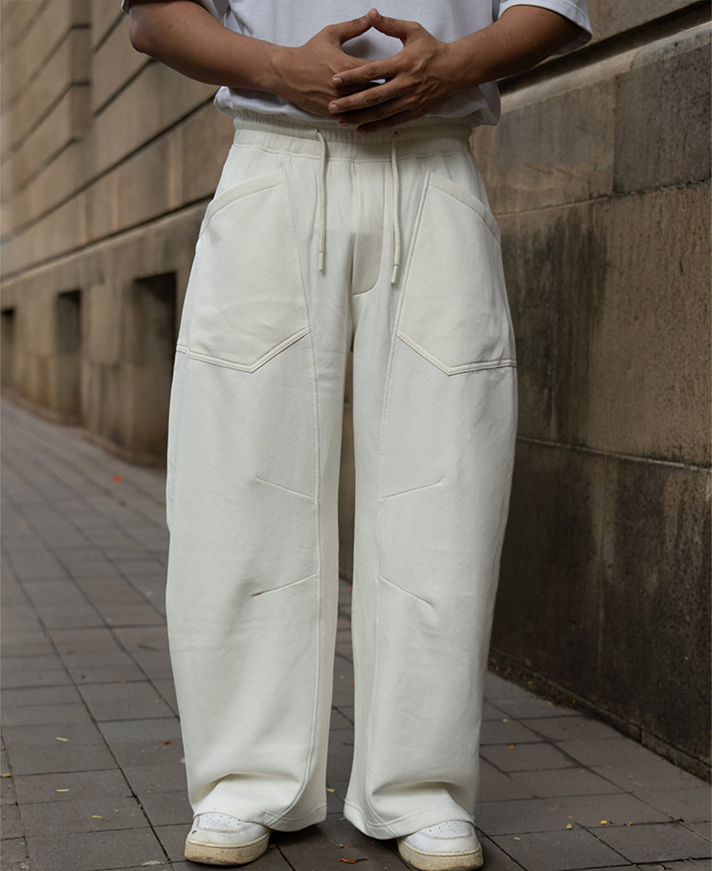 Cream Panelled Barrel Fit Trackpants