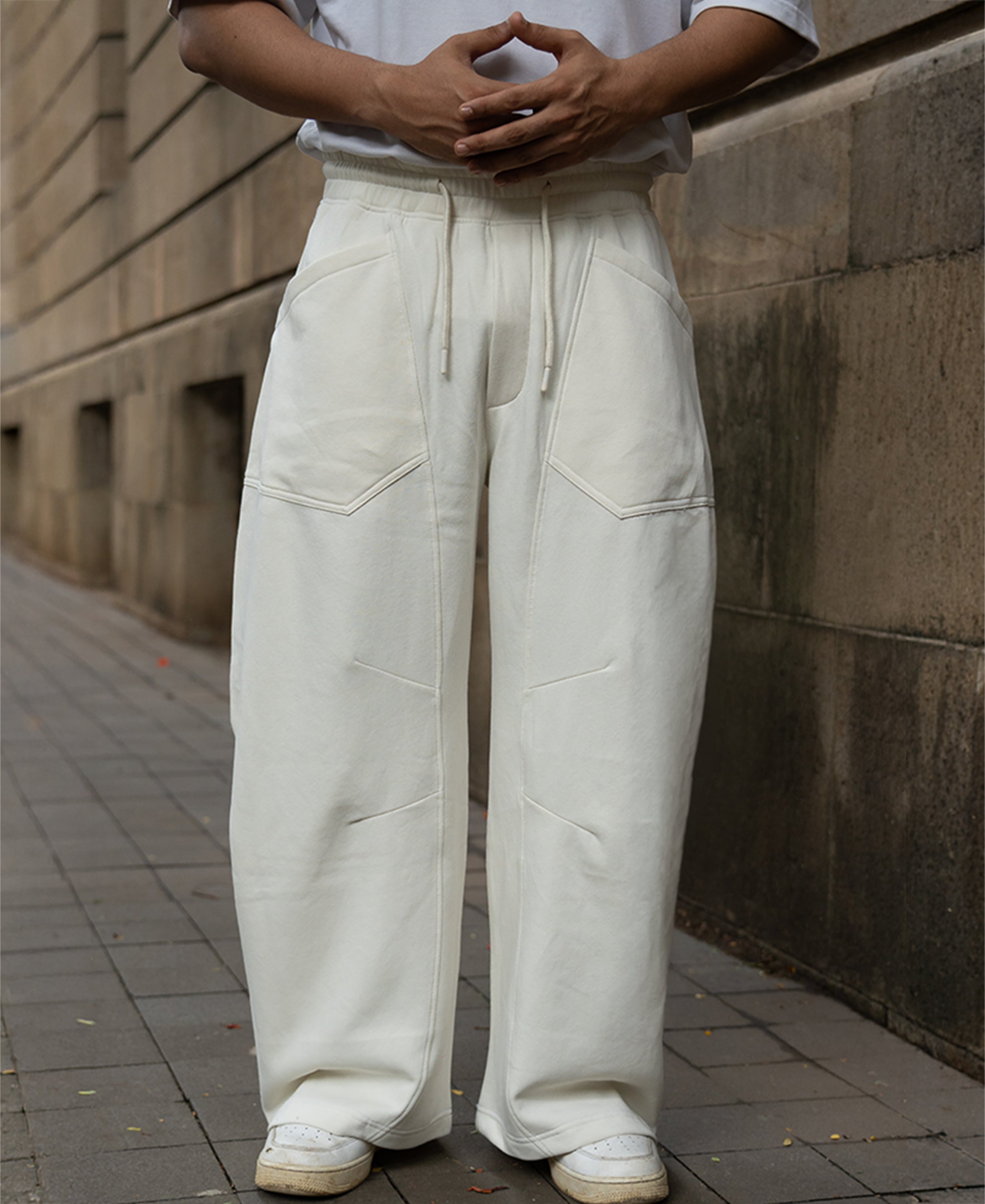 Cream Panelled Barrel Fit Trackpants
