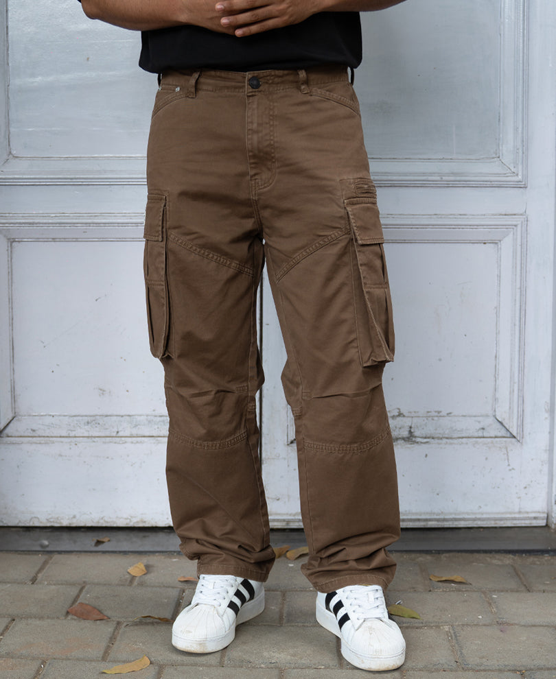 Brown Overdyed Cotton Cargo Pants