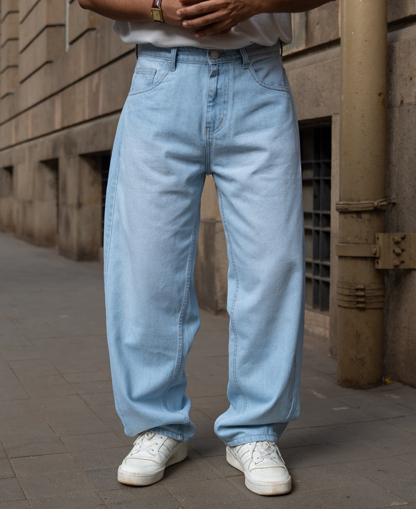 Ice Blue Washed Barrel Jeans