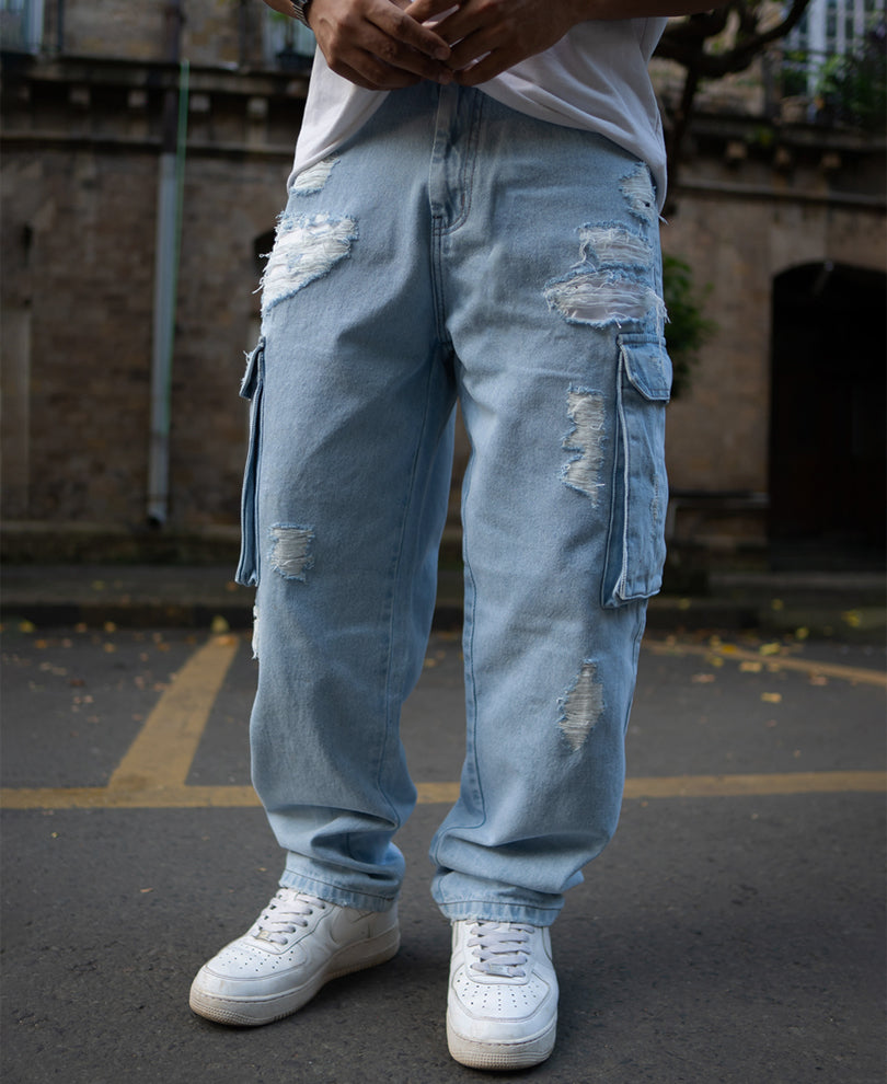 Ice Blue Baggy Fit Distressed Cargo Jeans